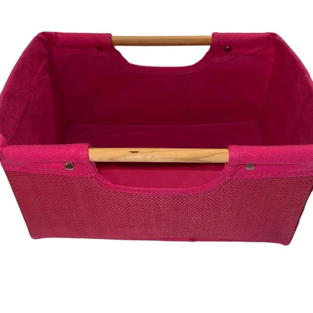 Pink Foldable Storage Bin With Wooden Carry Handles 13